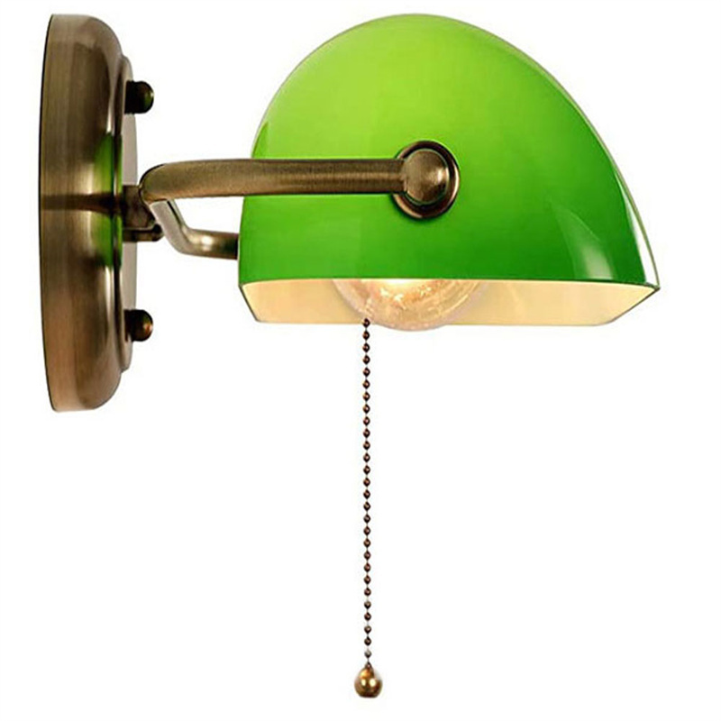 Green Glass Bankers Lamp Shade Adjustable Wall Light with Pull Chain Switch Hard Wired for Bedroom Sconce Fixture