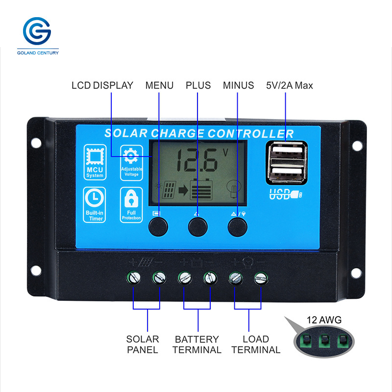 PWM 10A 20A 30A Solar Charge Controller 12V 24V Auto Work With Dual USB Ports LCD Display Solar Panel Charge Battery Regulator