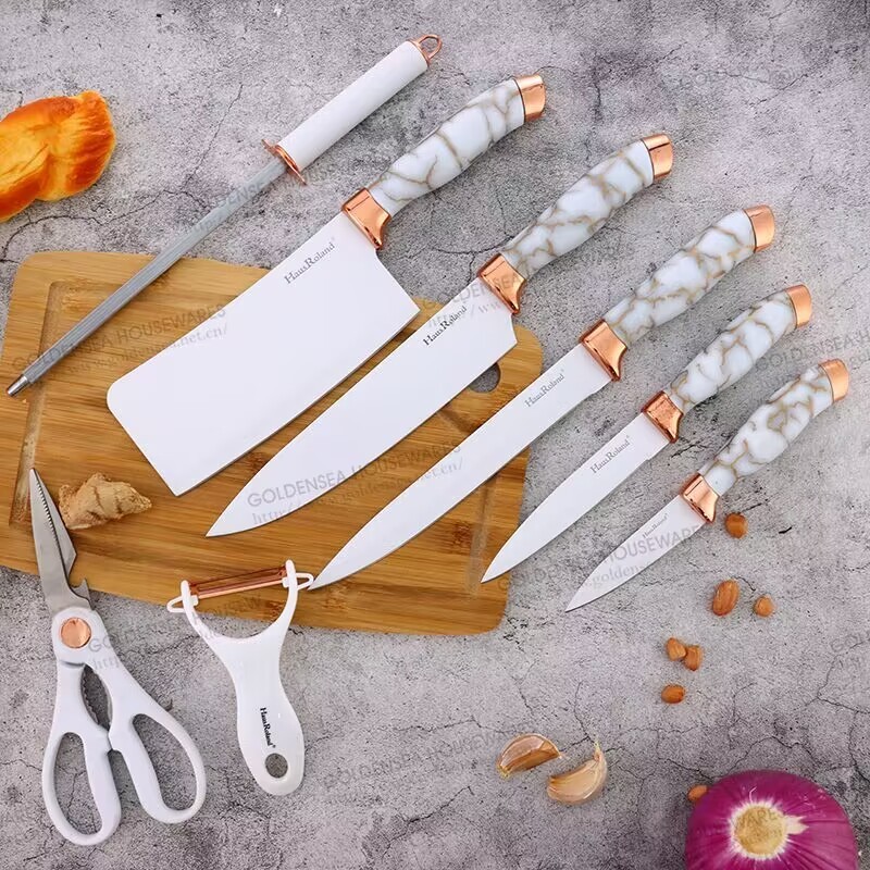 white luxury reasonable price professional 9pcs stainless steel kitchen cooking knives chef block knife sets with acrylic stand