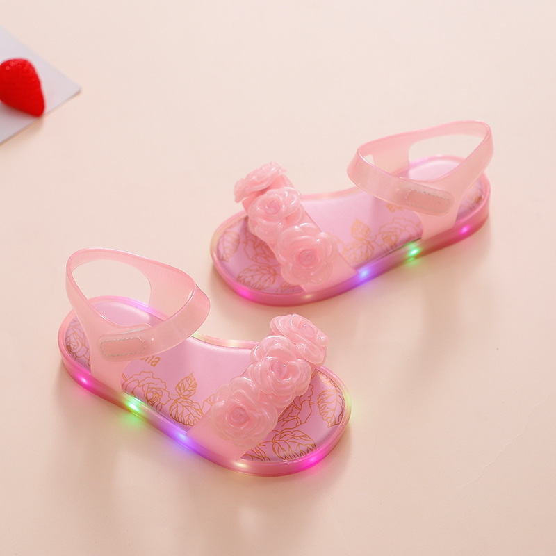 New Girls' Baby Flower Beach Shoes LED Colorful Flashing Jelly Sandals