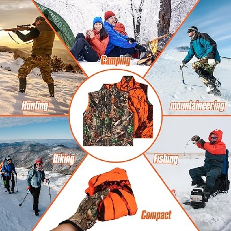 2024 New Trend Camo and Orange Reversible Heated Lightweight Heating Game Safety Vest for Hunting Hiking