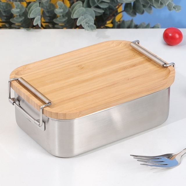 Eco Friendly Rectangle Bento Bread Box Metal Lunchbox Stainless Steel Lunch Box With Bamboo Lid