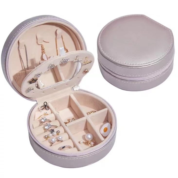 Portable Round PU Leather Storage Box With Mirror Mini Jewelry Packaging Case Necklace Earring Box