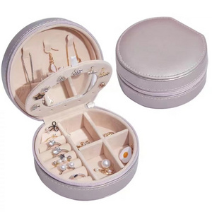 Portable Round PU Leather Storage Box With Mirror Mini Jewelry Packaging Case Necklace Earring Box