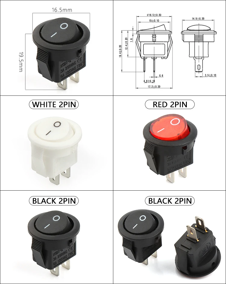 KCD1 small rocker switch 16.5mm 2pin 2position led black white small round rocker switches