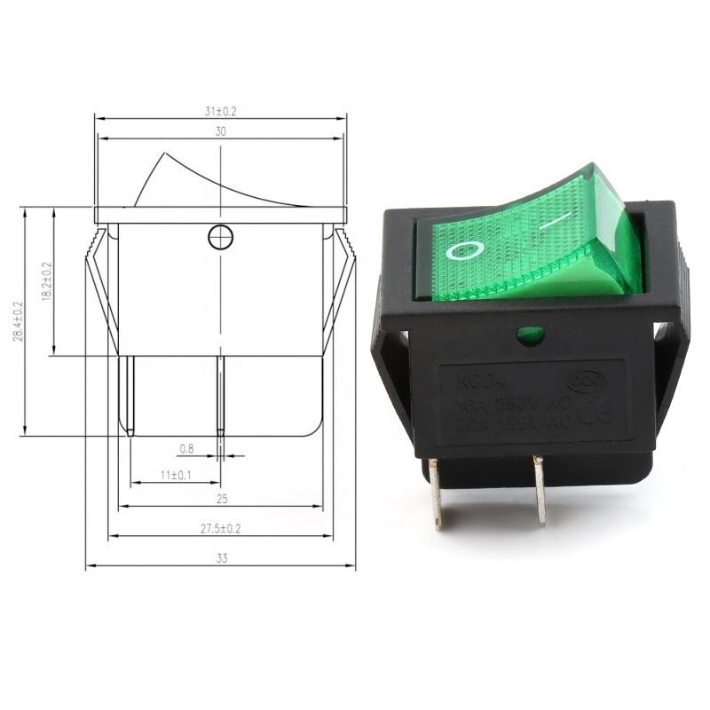 30.5mm*25.5mm on off power green rocker switch KCD4 6A 250VAC led button switch 2 Position 4pin Rocker Switch