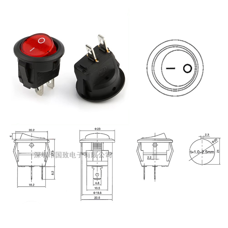 Rocker switch 2 Pin SPST 6A/250V 10A/125V 23mm  KCD1 Red Black Green rocker switch