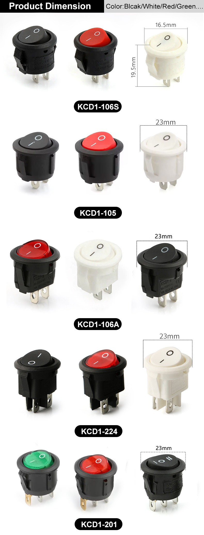 KCD1-201 3 pin rocker switch with lamp LED 3 pins 2 position ON/OFF Green Red kcd1 23MM 3 pin round switch