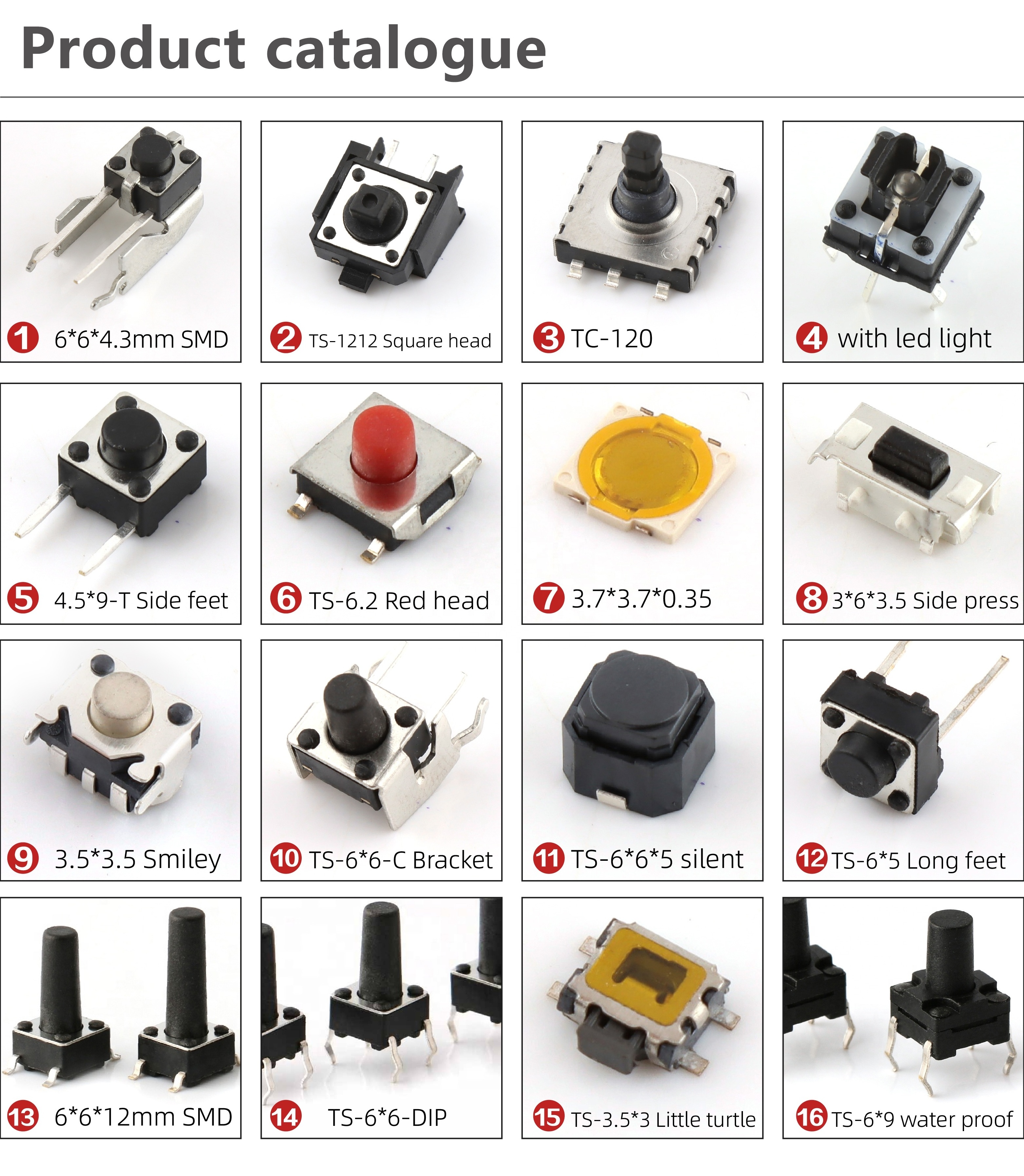 12*12 Tactile Switch 3*3 dip 4 pin 2pin 4.5*4.5 smd tact switch 6*6 waterproof c1201 4*4 metal 6x6 tact switches