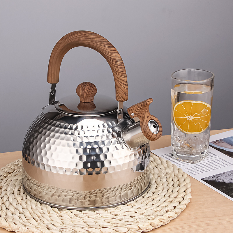 Food grade stainless steel  whistle tea kettle with wood pattern Handle for stovetops Induction Diamond design water kettle