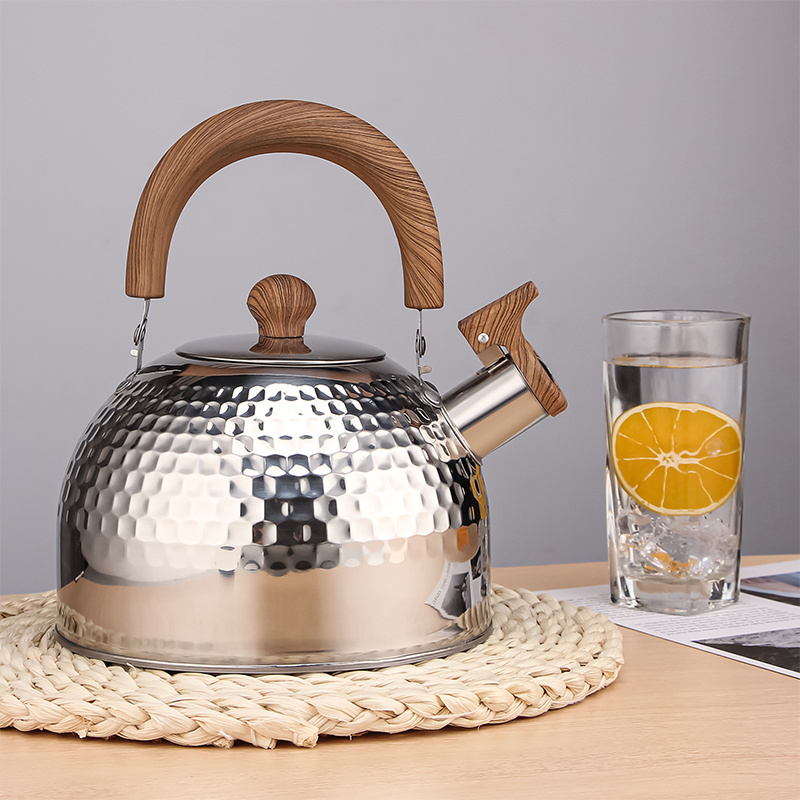 Food grade stainless steel  whistle tea kettle with wood pattern Handle for stovetops Induction Diamond design water kettle