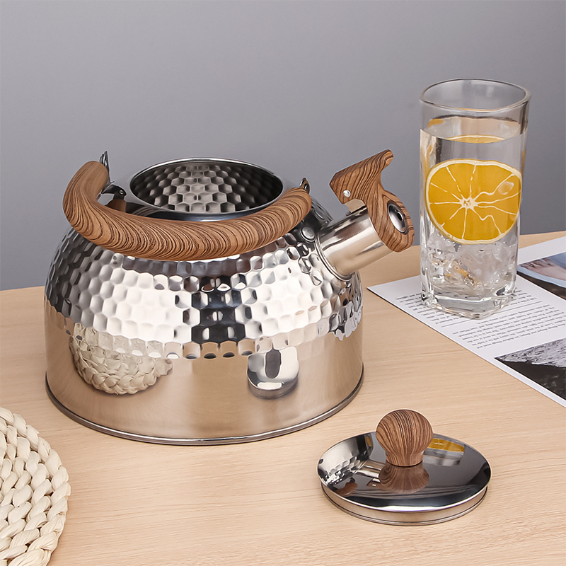 Food grade stainless steel  whistle tea kettle with wood pattern Handle for stovetops Induction Diamond design water kettle