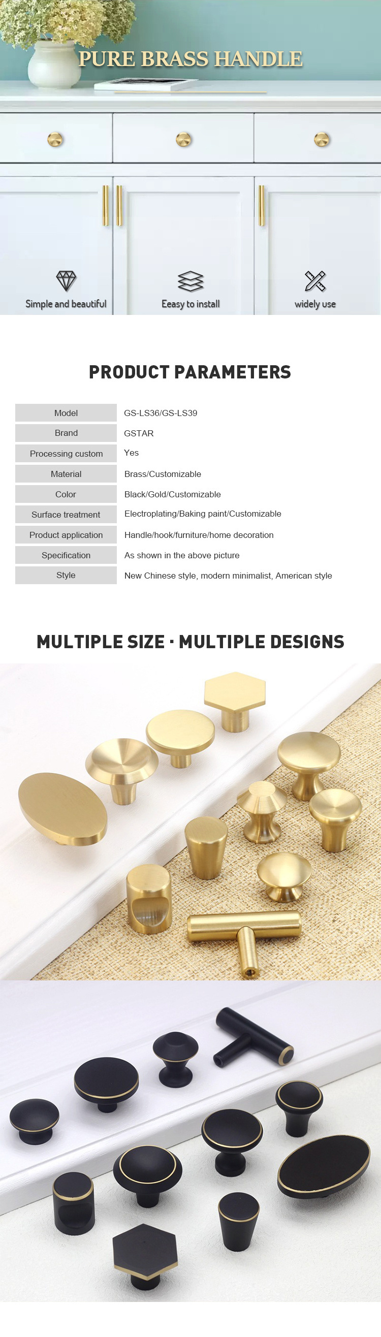 Manufacturing Luxury Europe Style Modern Solid Brass Knob Gold Cabinet Drawer Furniture Cupboard Knobs