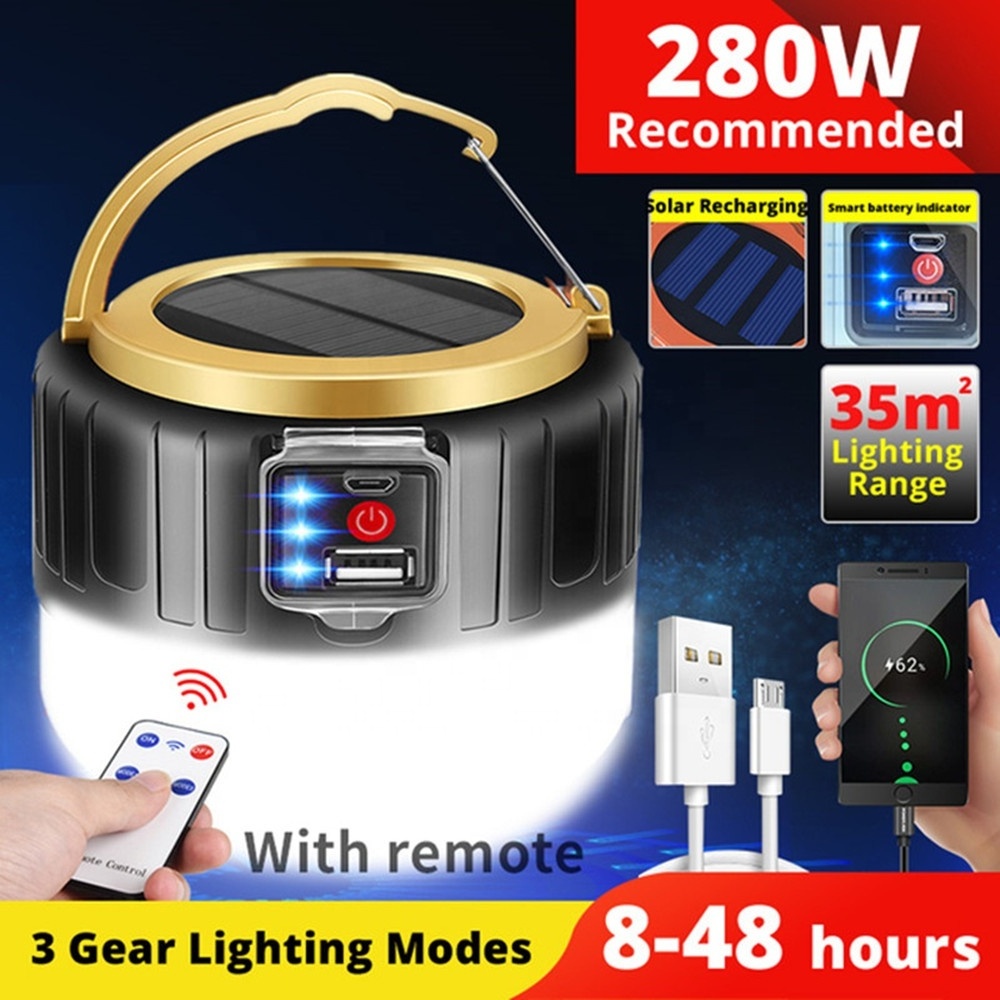 280W Remote Control Compact Solar Camping Lantern Waterproof 3 Lighting Modes Solar Tent Lights For Camping Hiking Emergency