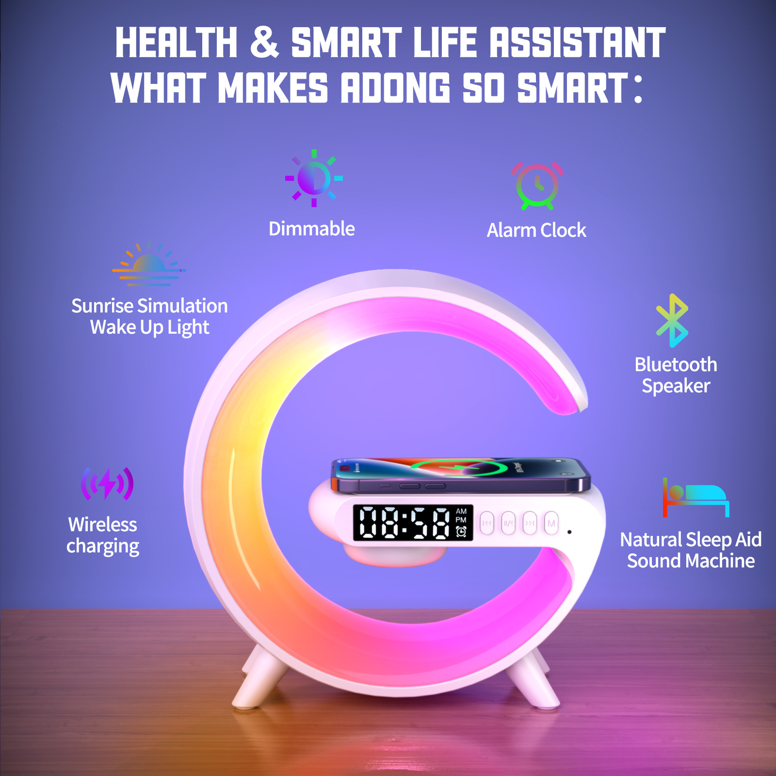 G Shaped Smart Alarm Clock Bluetooth Speaker Wireless Charger LED Digital with Mobile Phone Bracket