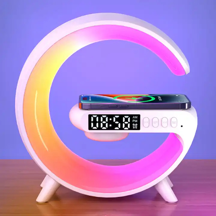 G Shaped Smart Alarm Clock Bluetooth Speaker Wireless Charger LED Digital with Mobile Phone Bracket