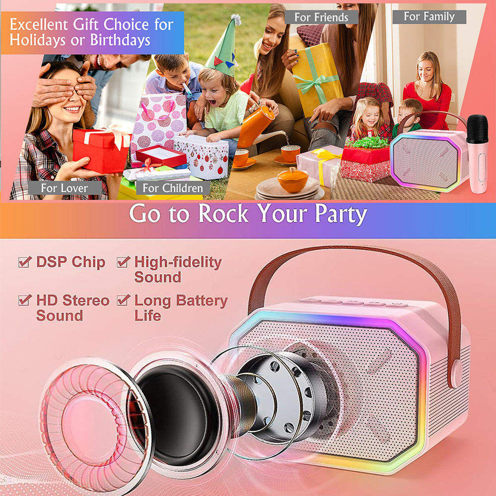 Karaoke wireless double microphone toy for kids partybox portable car speaker with disco lights bluetooth audio player