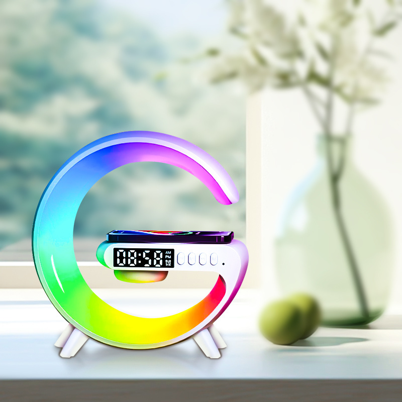 Multifunction G Shape USB Rechargeable  Wireless Fast Charger for Mobile Phone, BlueTooth Speaker With LED RGB Smart Lamp