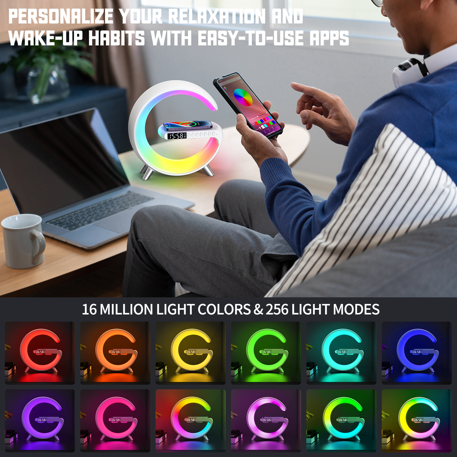 Customized logo alarm clock ambient light night lights for kids room wireless magnetic charger bluetooth speaker