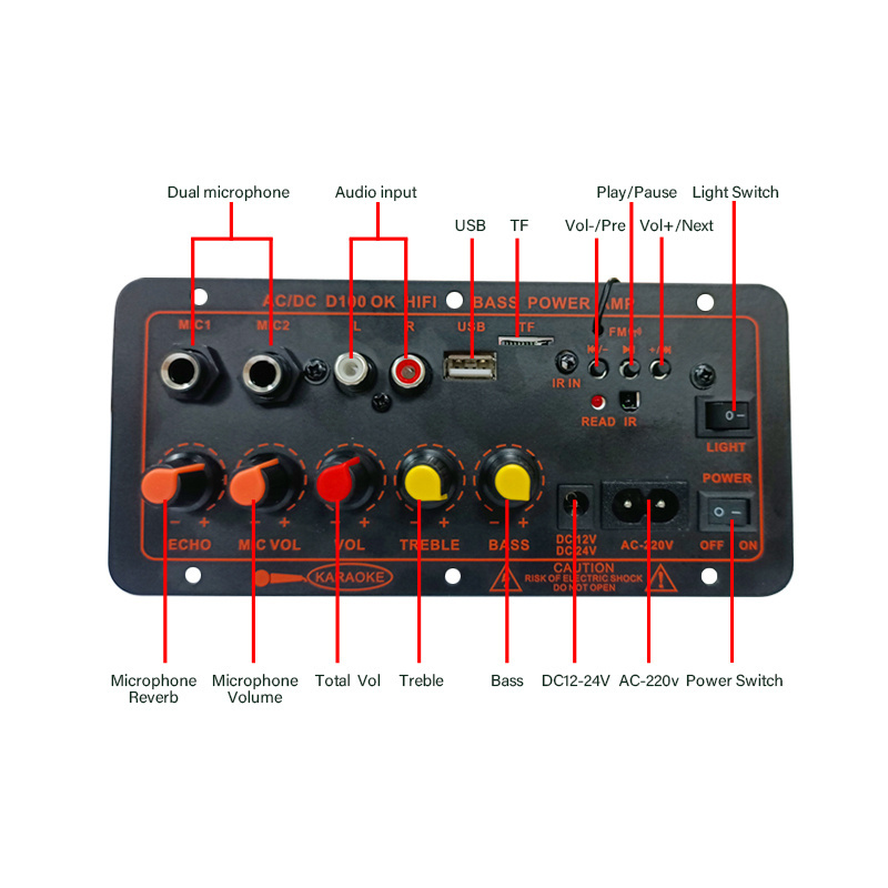 BT5.0 Audio Amplifier Board 100W Subwoofer Dual Microphone AMP Module for 4 ohms 8-12 inch Speaker 12/24V 110/220V