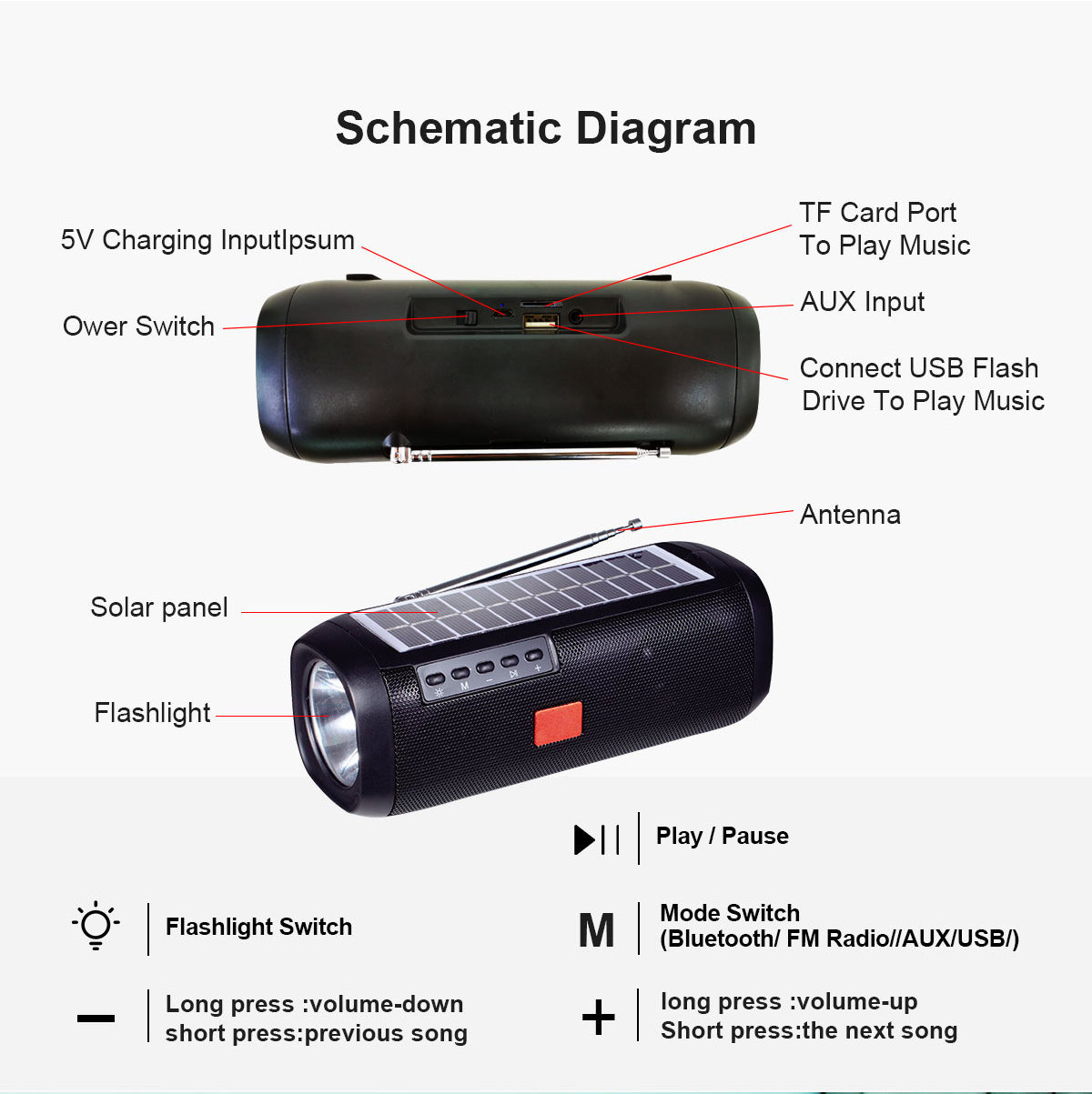 Accept Custom Solar speaker Super Bass Subwoofer bt speaker Solar Energ LED Flashlight Speaker