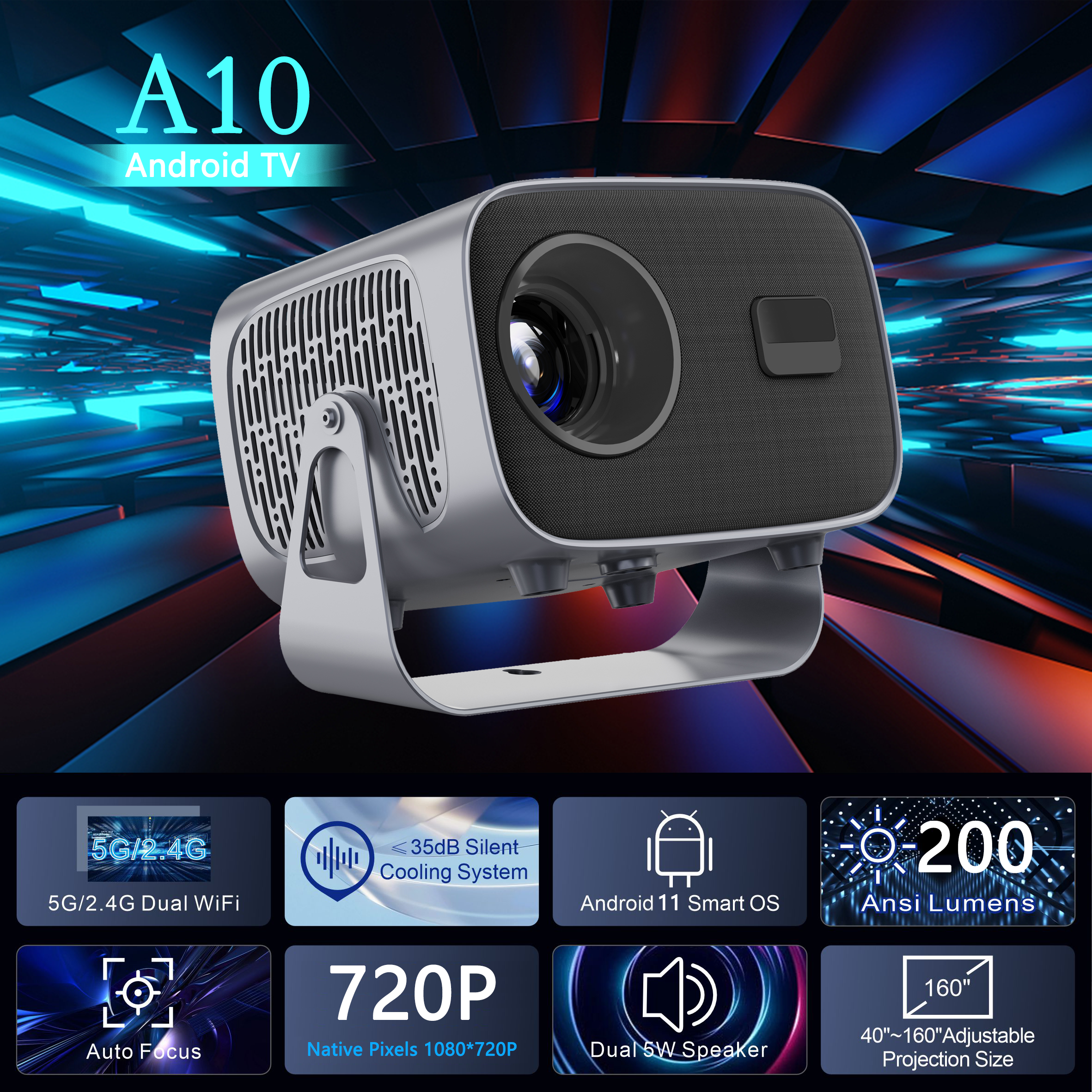 2024 hot sale  A10 LCD Portable Projector 2.4G+5G  4K HD Android 11 home projector  4k laser projector