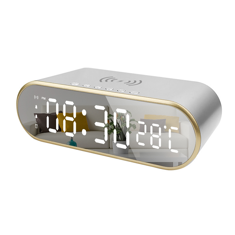 Digital LED Alarm Clock 15W Fast Charging Cordless Phone Charger Desktop Electric Mirror Clock Thermometer with Snooze Function