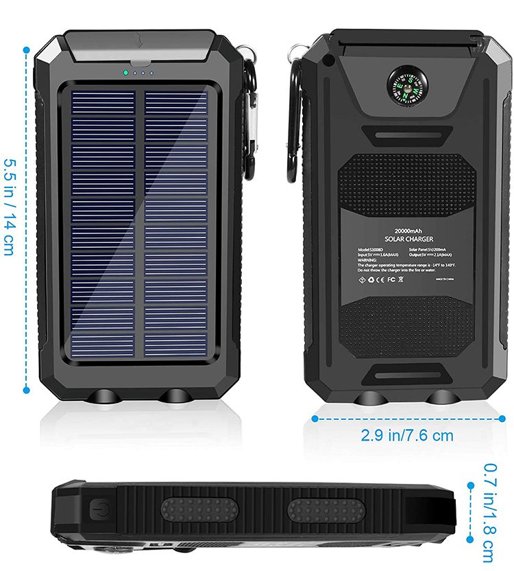 2024 New Job Waterproof Solar 20000mAh PowerBank Portable 20000mAh Solar Charger with Dual USB Port for All Phone Charging