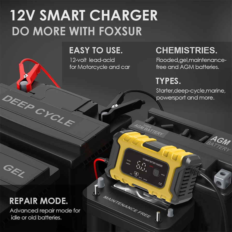 Portable 12V 6A Smart Battery Charger Trickle Charger for Car,&Motorcycle AGM Gel SLA Wet Sealed Lead Acid Battery Charger