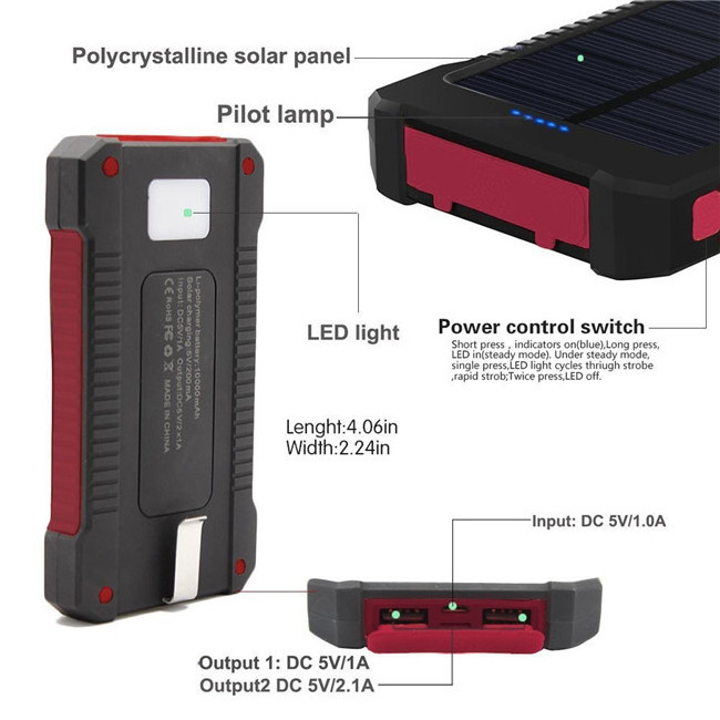 Waterproof Portable Solar Power Pack 20000mAh Battery Bank Solar Panel Charger With LED Flashlight And Dual USB