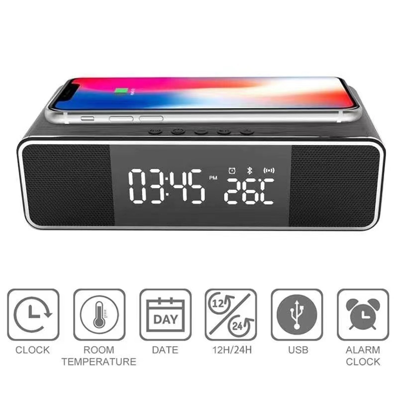 2024 Clock Bluetooth Wireless Charger Qi Fast Wireless PowerBank With Thermometer/ FM/Clock Phone Charger CE FCC ROHS