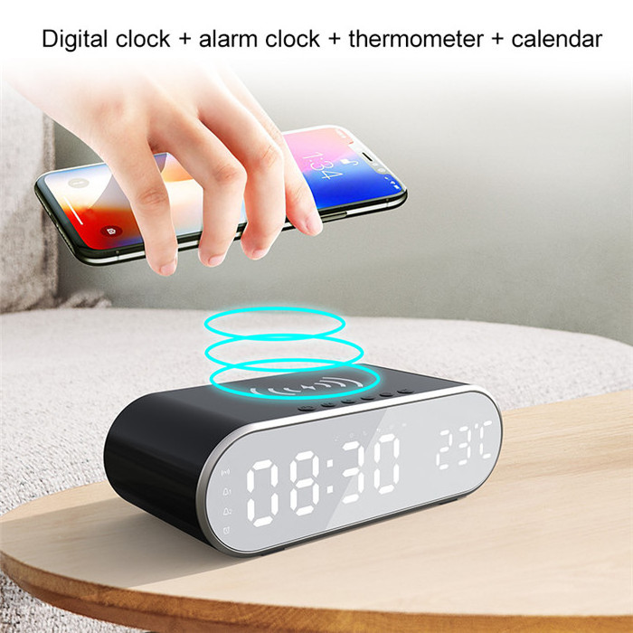 Digital LED Alarm Clock 15W Fast Charging Cordless Phone Charger Desktop Electric Mirror Clock Thermometer with Snooze Function