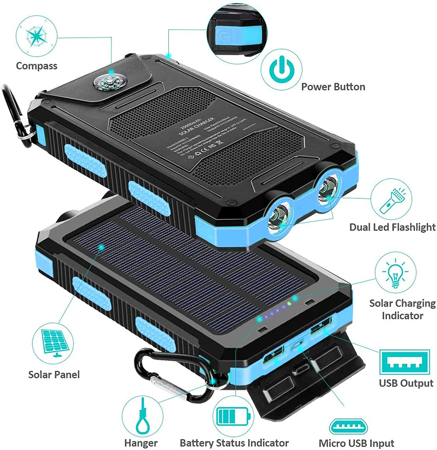 2024 New Job Waterproof Solar 20000mAh PowerBank Portable 20000mAh Solar Charger with Dual USB Port for All Phone Charging