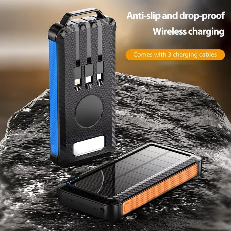 Top selling IP65 Waterproof Solar Power Banks 10000mAh 20000mAh built in Cables Wireless Solar Charger With 3*USB Port