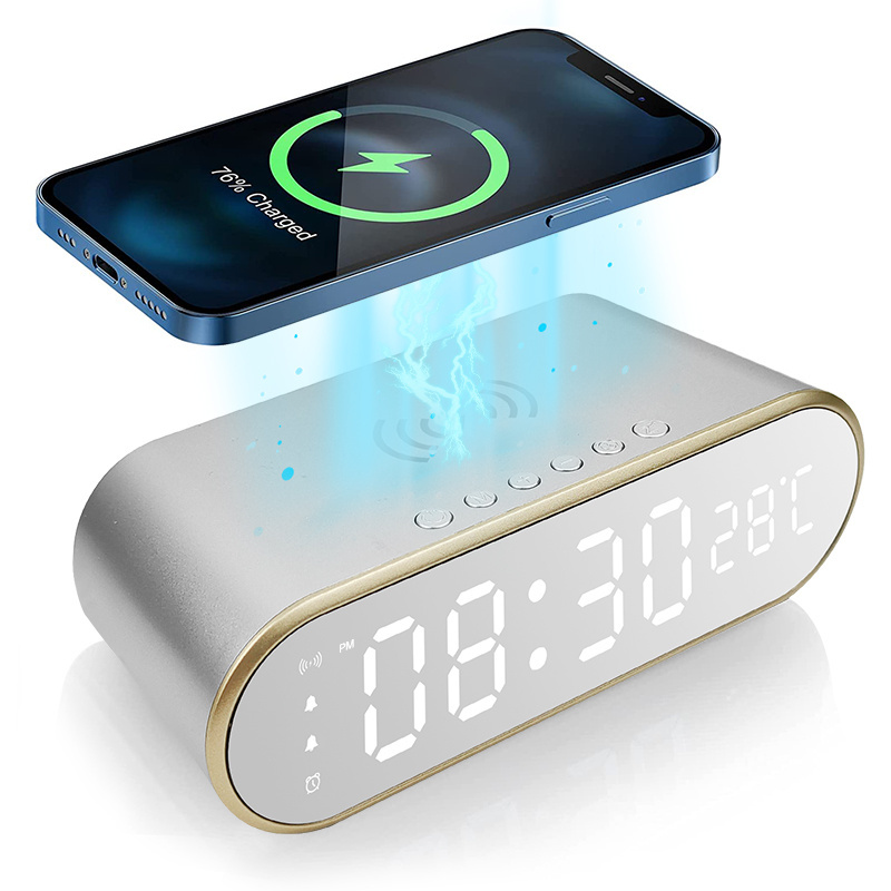 Digital LED Alarm Clock 15W Fast Charging Cordless Phone Charger Desktop Electric Mirror Clock Thermometer with Snooze Function