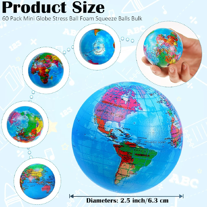 Earth Stress Balls 63mm PU Globe Squeezable Balls Educational Foam Squeezable Balls for Finger Exercise School Classroom