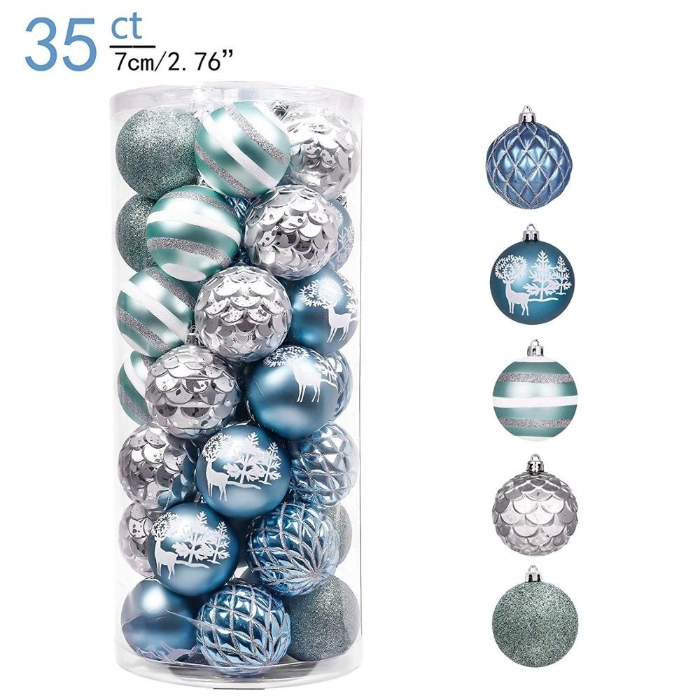 Christmas Tree hanging Ornaments baubles 7cm 35pcs Shatterproof Light Blue Plastic Christmas Ball Set Decoration