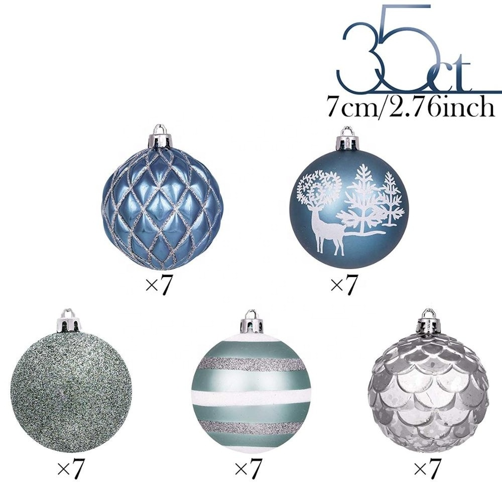 Christmas Tree hanging Ornaments baubles 7cm 35pcs Shatterproof Light Blue Plastic Christmas Ball Set Decoration