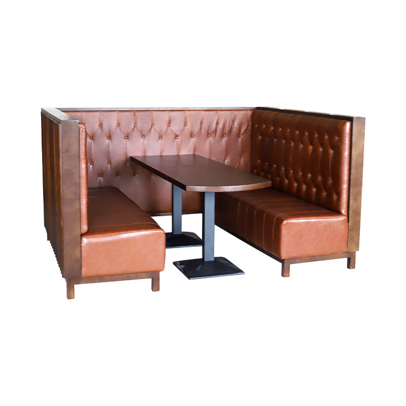 Hendry High-End Commercial Use Retro Style Genuine Leather U Shape Corner Booth Bench Seating Solid Wood Restaurant Table Sets