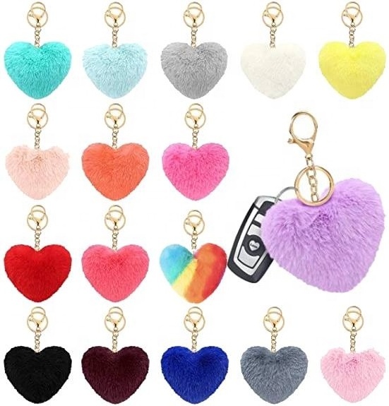 Multicolor Furry Fluffy Plush Puff Ball Keychain Heart Shape Pom Poms Keychain