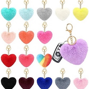 Multicolor Furry Fluffy Plush Puff Ball Keychain Heart Shape Pom Poms Keychain