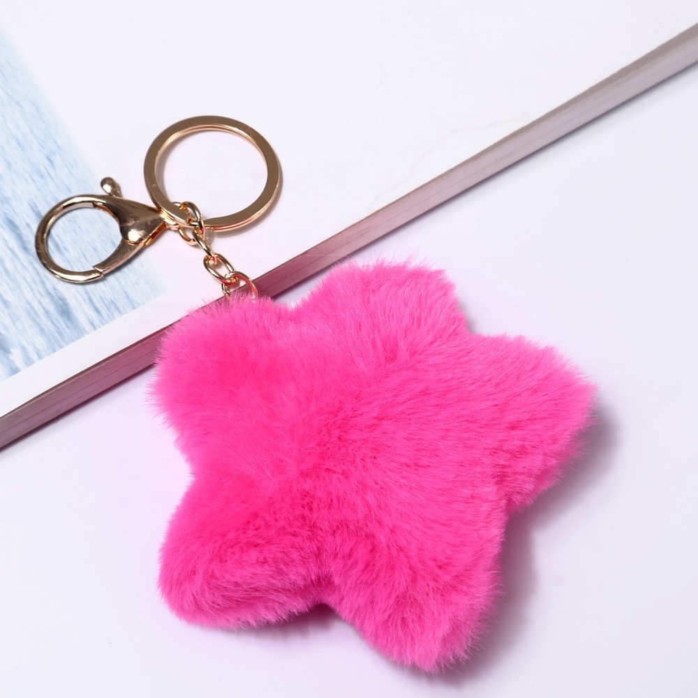 Multicolor Furry Fluffy Plush Puff Ball Keychain Heart Shape Pom Poms Keychain