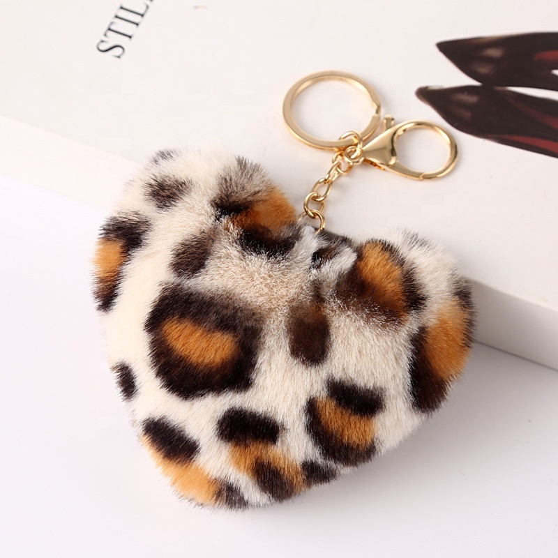 Multicolor Furry Fluffy Plush Puff Ball Keychain Heart Shape Pom Poms Keychain