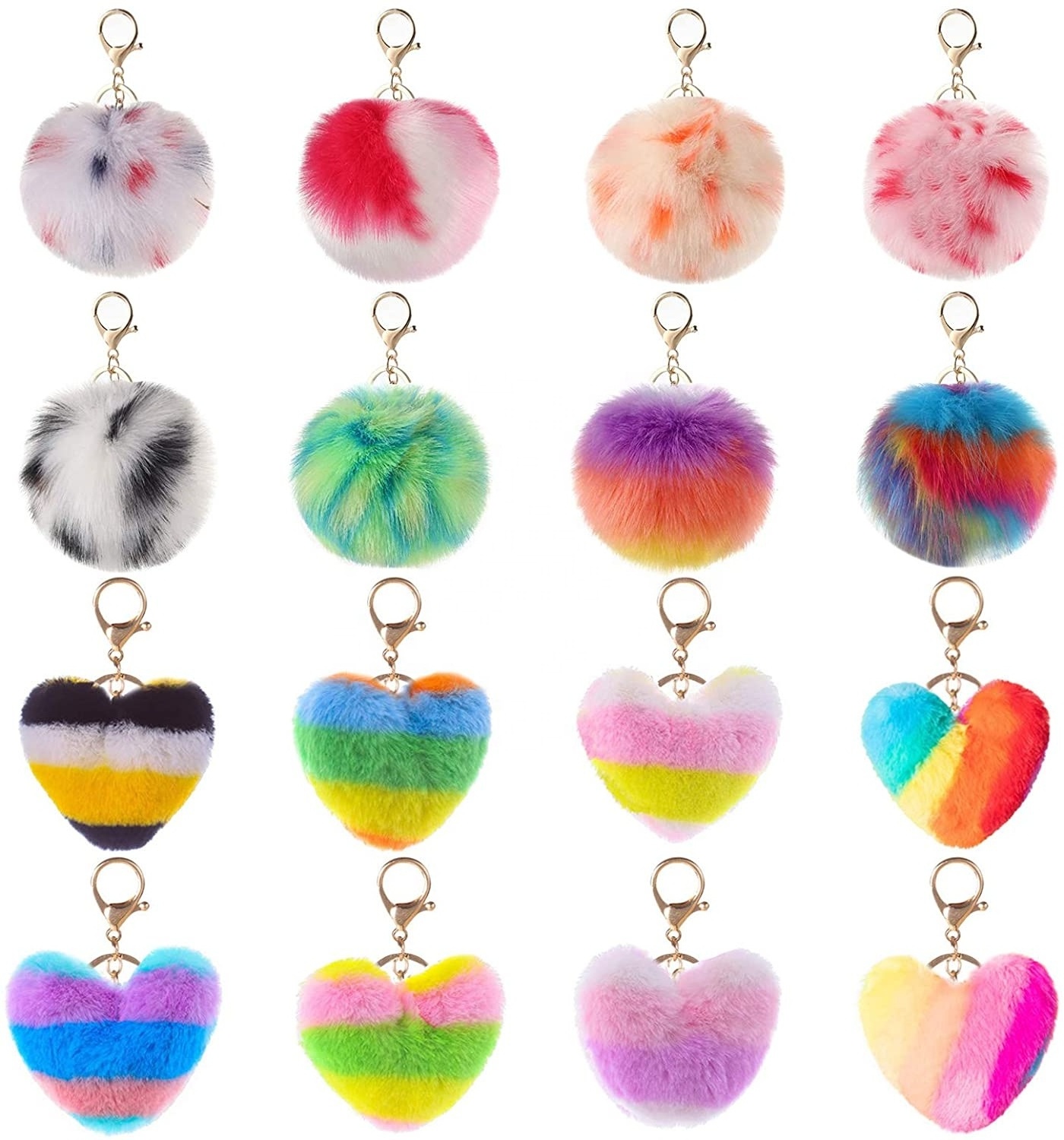 Multicolor Furry Fluffy Plush Puff Ball Keychain Heart Shape Pom Poms Keychain