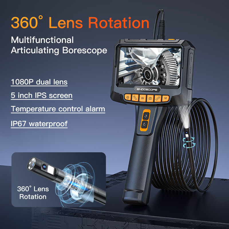 Dual Lens 360 Degree Rotation Endoscope 5-inch HD 1080P Inspection Snake Camera 8mm Industrial Borescope With 5M Cable