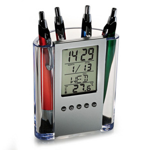 Custom logo plastic table desk calendar pen holder with digital clock