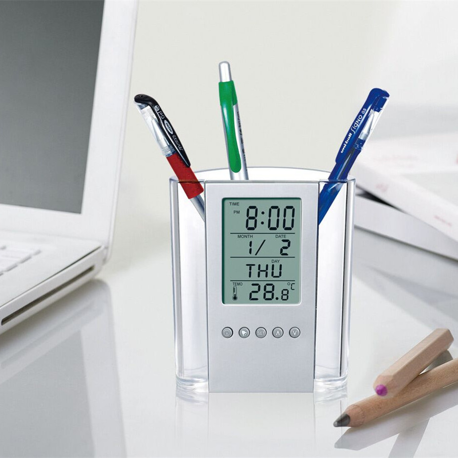 Custom logo plastic table desk calendar pen holder with digital clock