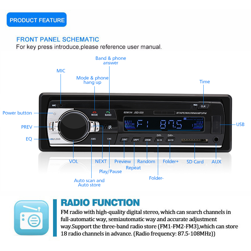 JSD520 Car Radio Stereo Player MP3 1Din Digital BT Player 60Wx4 FM Radio Audio with In Dash AUX Input