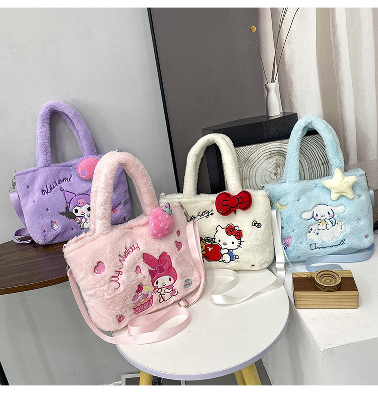 Sanrioed Plush Tote Bag Hello Kitten My Melody Kuromi Kawaii Doll Plush Bags Plush Shoulder Bags Girls