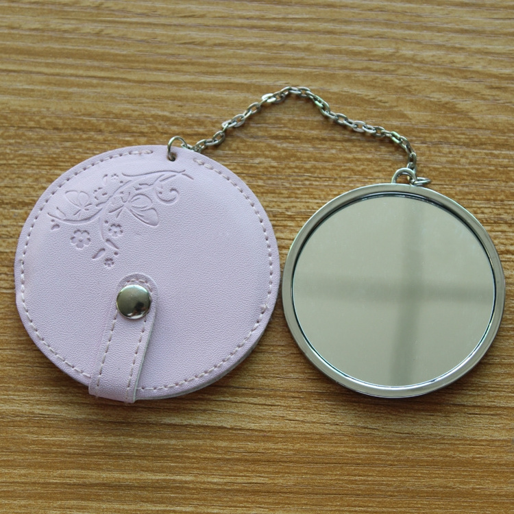 Small Pocket Mirror Wholesale Personalized Makeup Hand Held Zinc Alloy with Pu Pouch Round Cosmetic Mirror 3 Months Vetro Mano